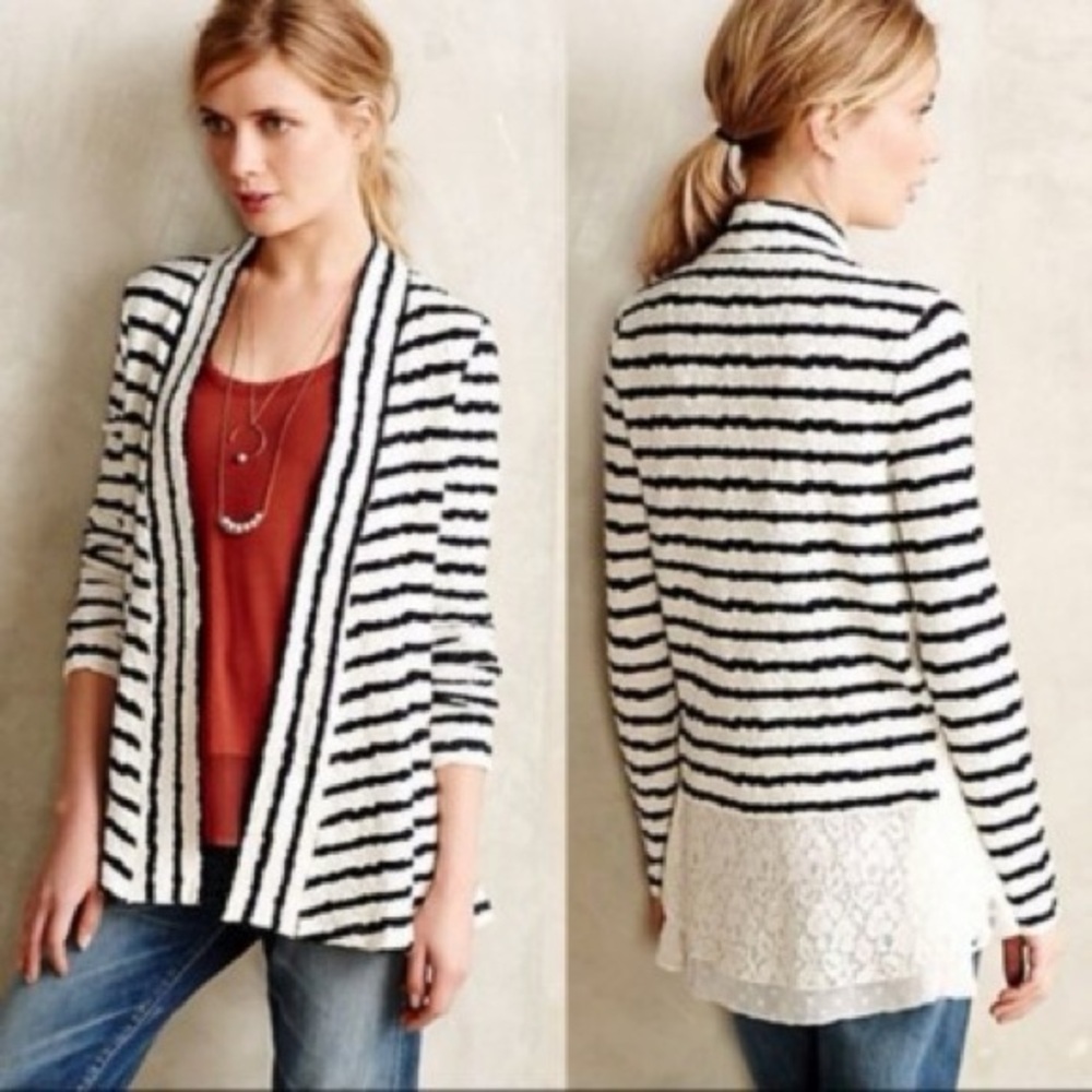 NWOT Anthropologie Postmark Plaited Pitch Black White Open Front Cardigan M